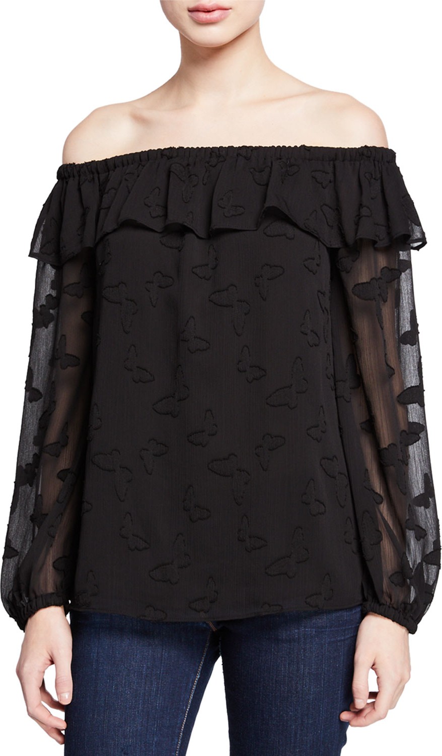 MICHAEL MICHAEL KORS Butterfly Off-the-Shoulder Long-Sleeve Flounce Top