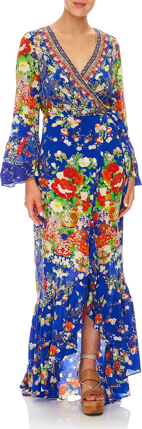 Camilla Playing Koi Bell-Sleeve Printed Wrap Maxi Dress