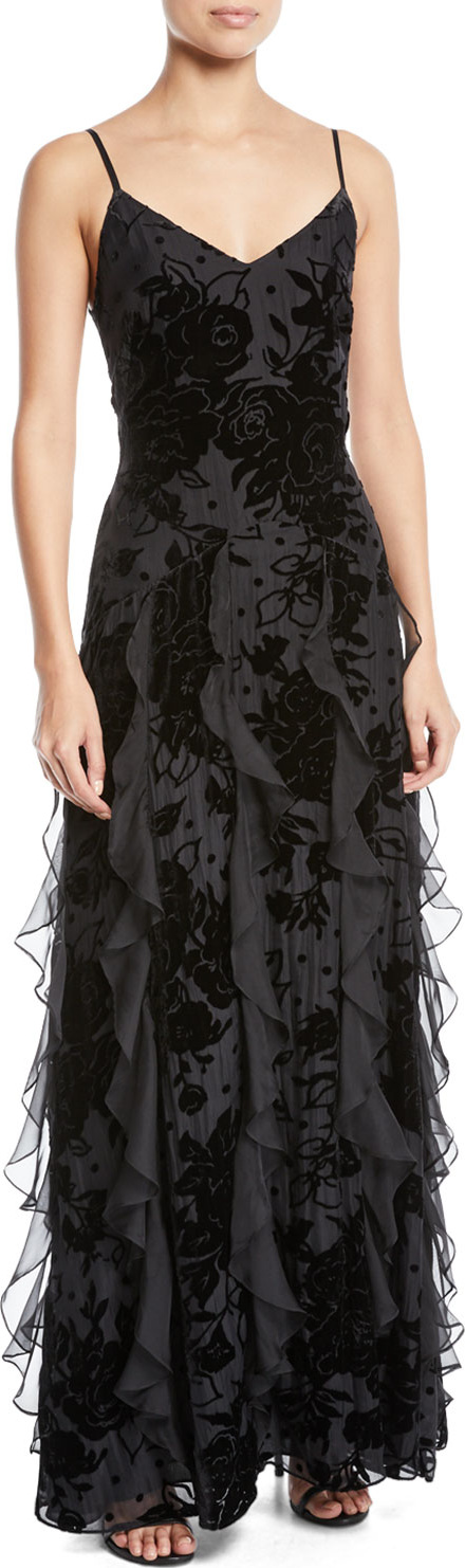 Parker Equinox Velvet Flower Cascade Gown Dress