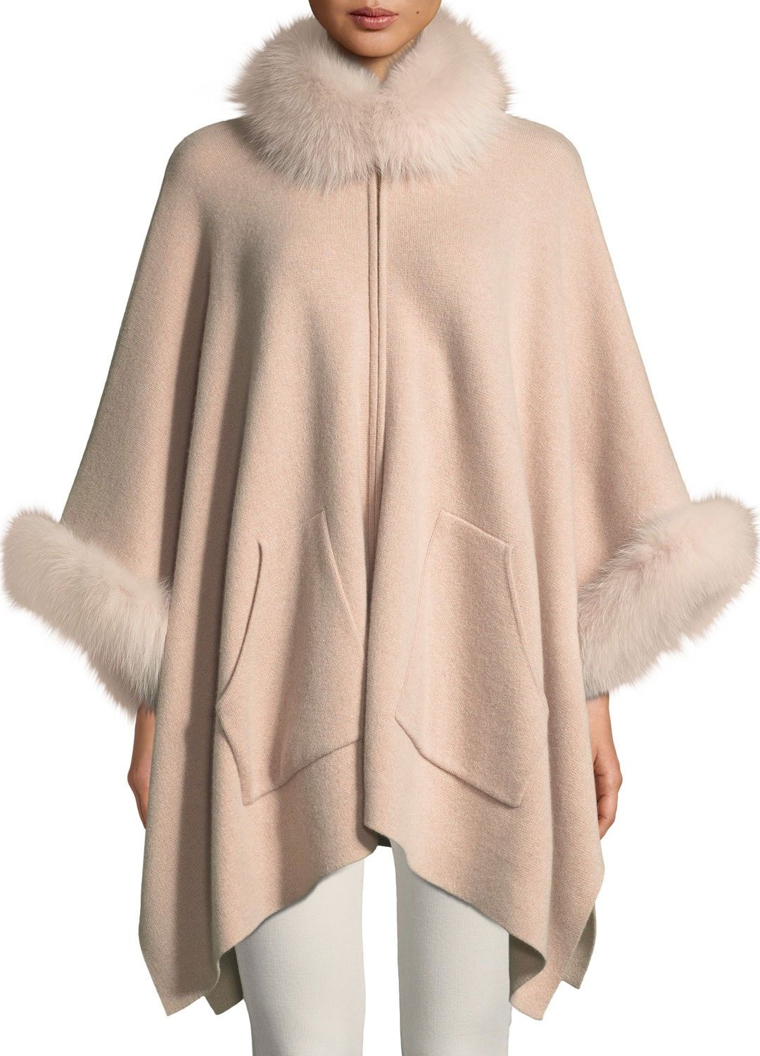 Sofia Cashmere Double-Face Cashmere Zip-Front Poncho w/ Fur Trim
