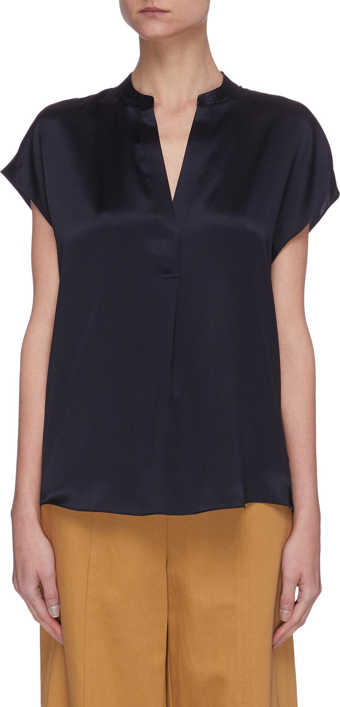 Vince Cap sleeve shirred back V neck silk blouse