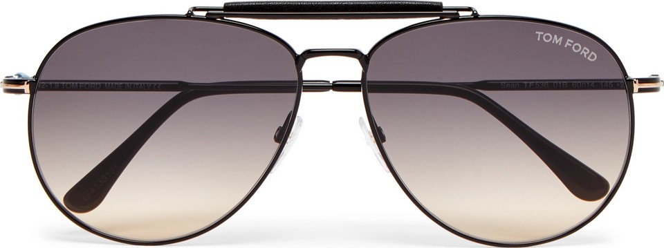 TOM FORD Aviator-Style Leather-Trimmed Gunmetal-Tone Sunglasses