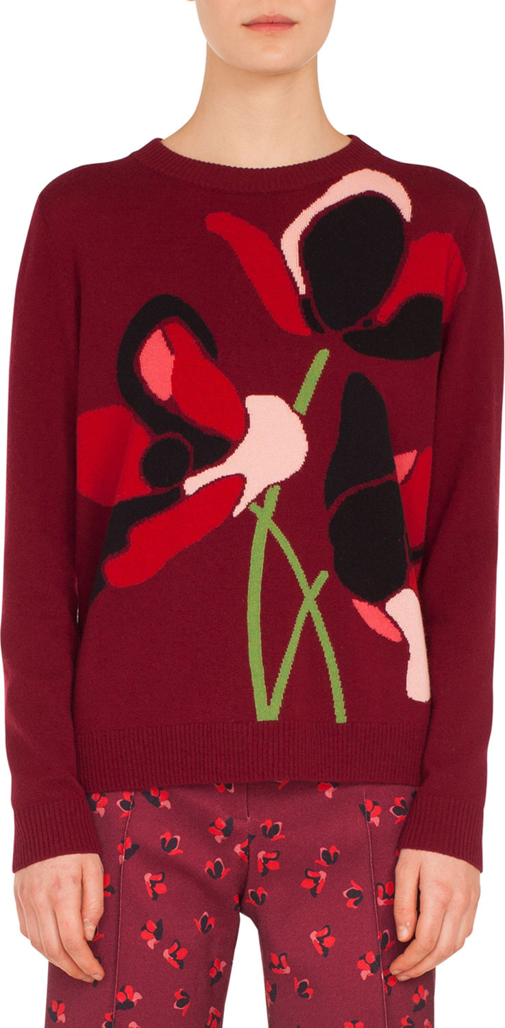 Akris Punto Crewneck Anemone Jacquard Wool-Cashmere Knit Sweater