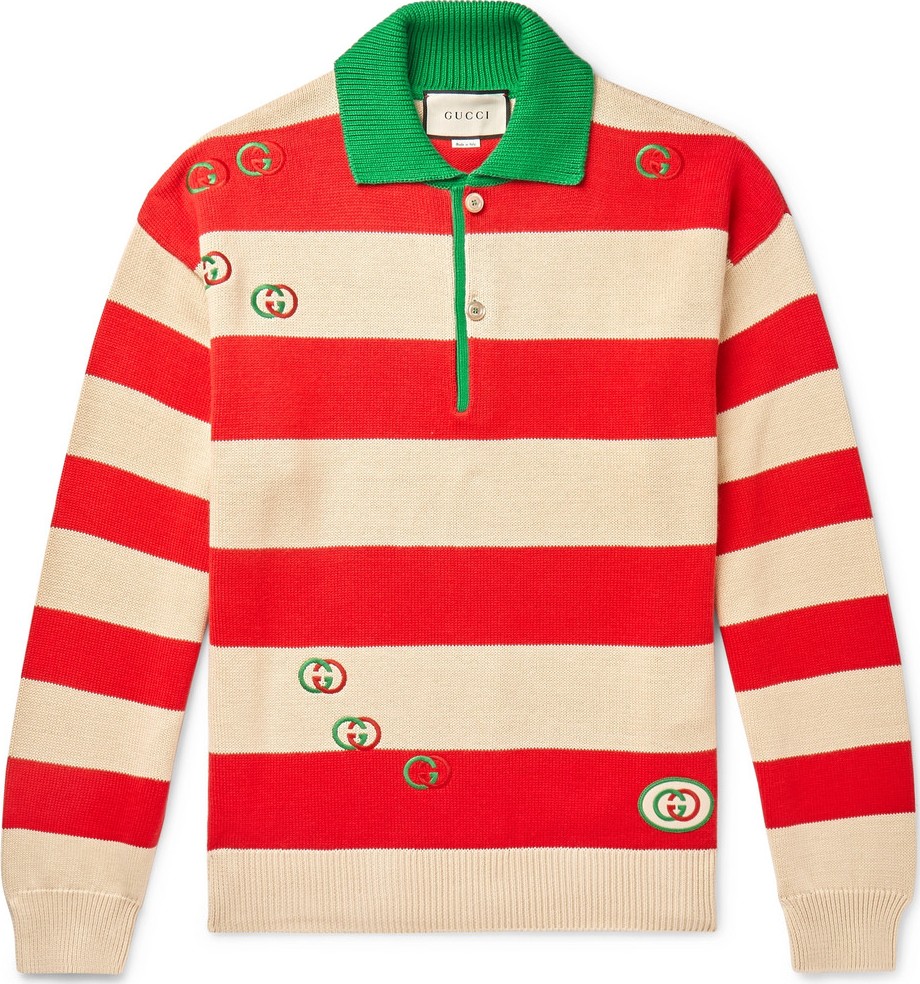Gucci Logo-Embroidered Striped Cotton Half-Placket Sweater