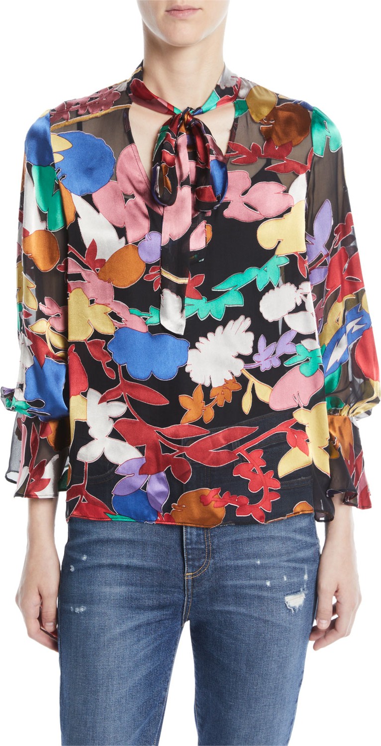Alice + Olivia Mora Tie-Neck Blouson-Sleeve Blouse