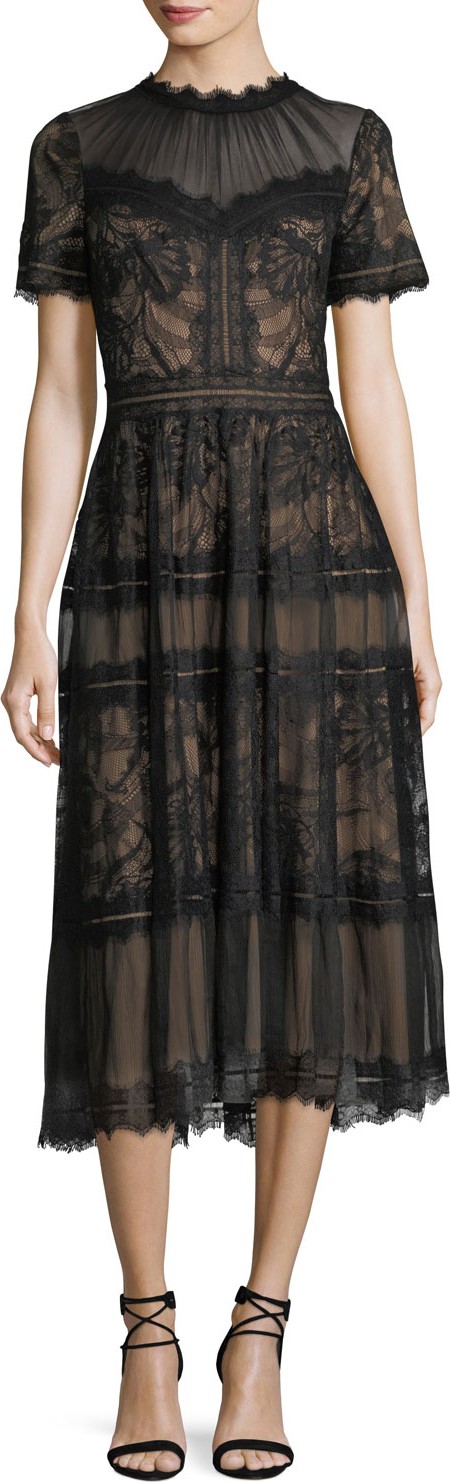Tadashi Shoji Lace High-Neck Pleated A-Line Cocktail Dress
