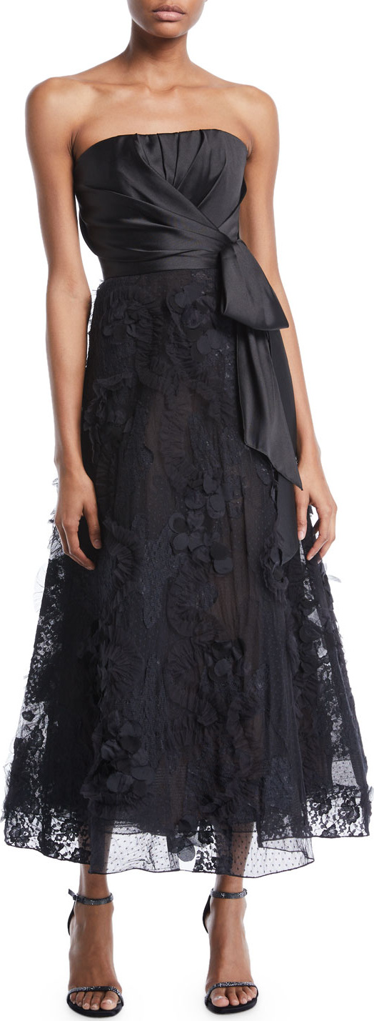 Marchesa Notte Strapless Tea-Length Bow & Lace Dress