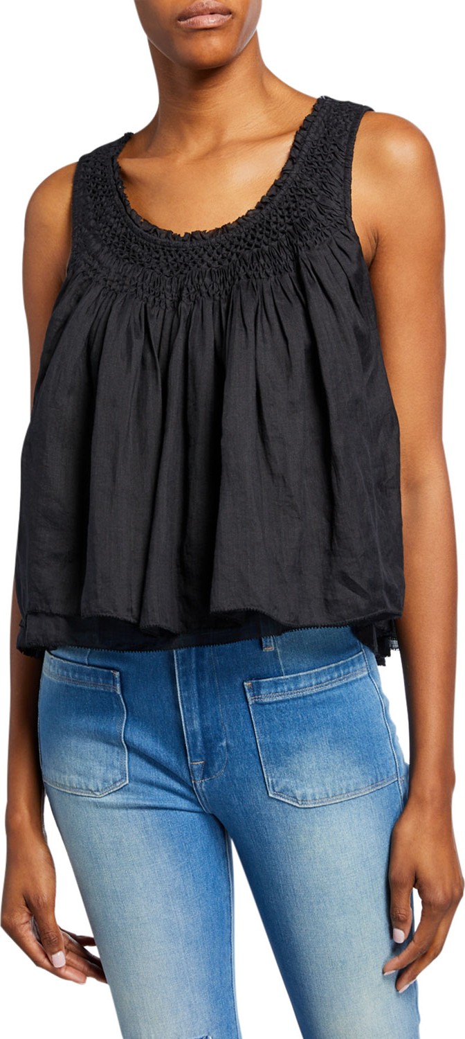 FRAME DENIM Scoop-Neck Smocked-Yoke Sleeveless Layered Top