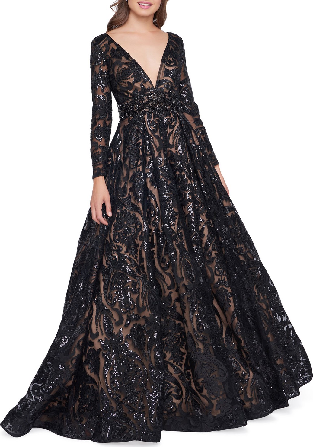 Mac Duggal Sequin Burnout Plunge-Neck Long-Sleeve Ball Gown