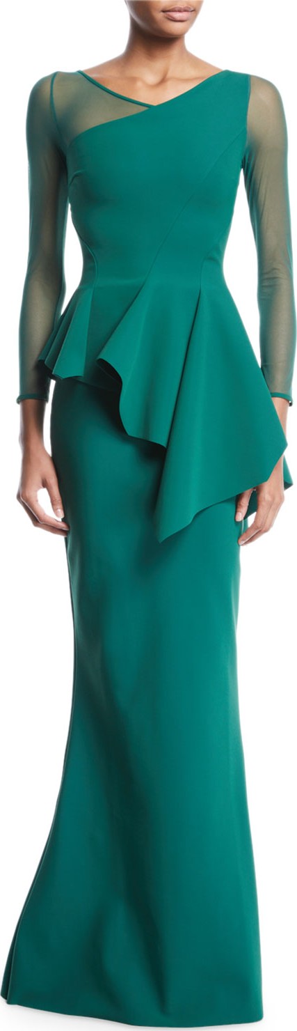La Petite Robe di Chiara Boni Chayon Illusion-Sleeve Asymmetric Peplum Gown