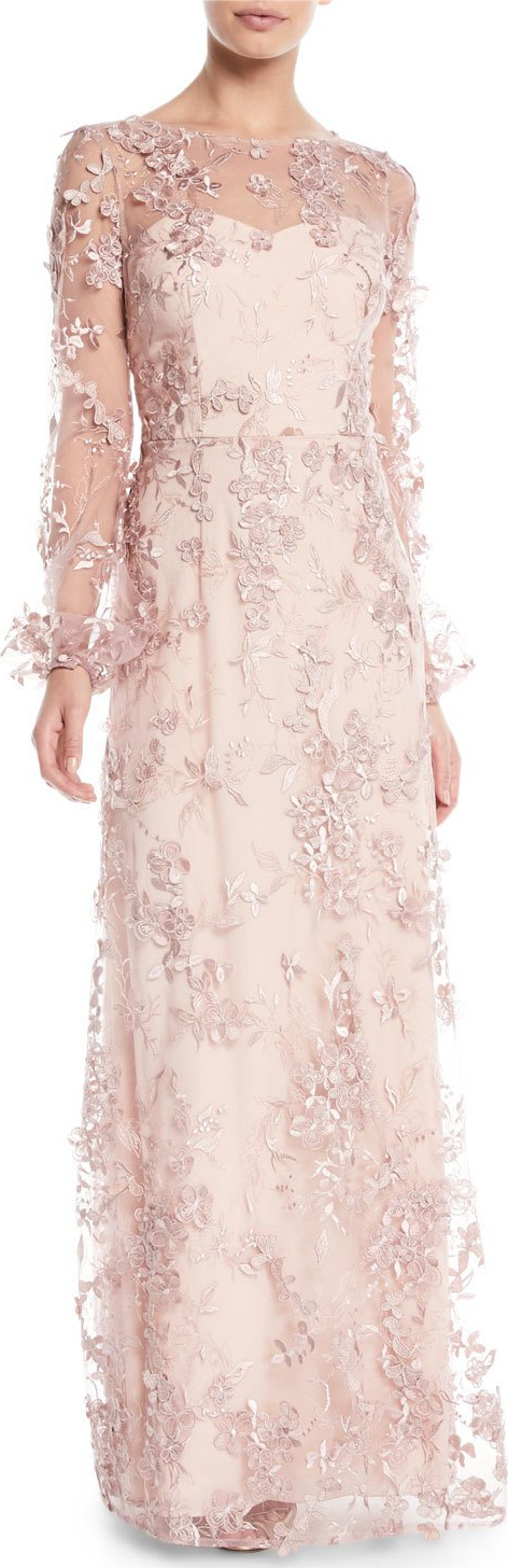 David Meister Long-Sleeve Embroidered Floral Gown
