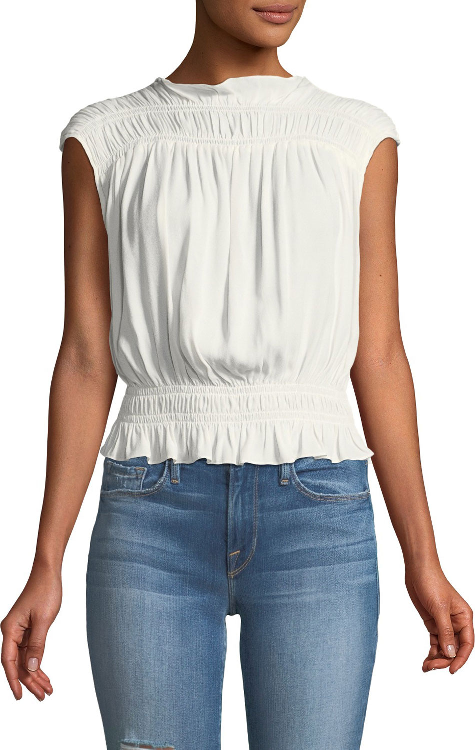 FRAME DENIM Soft Sleeveless Smocked Blouse