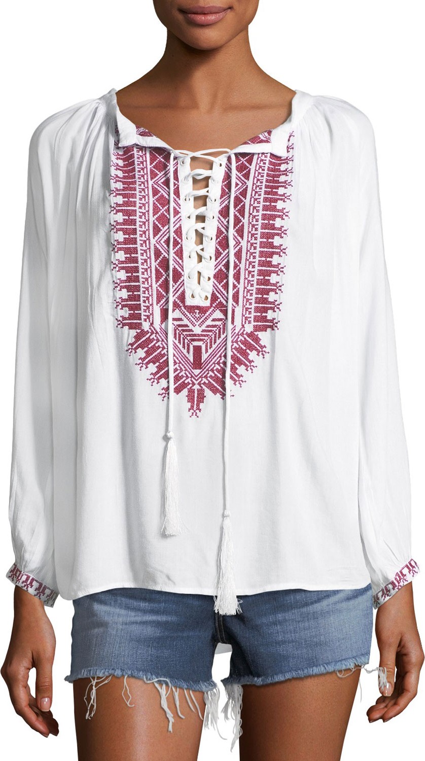 Melissa Odabash Simona Lace-Up Embroidered Top, One Size