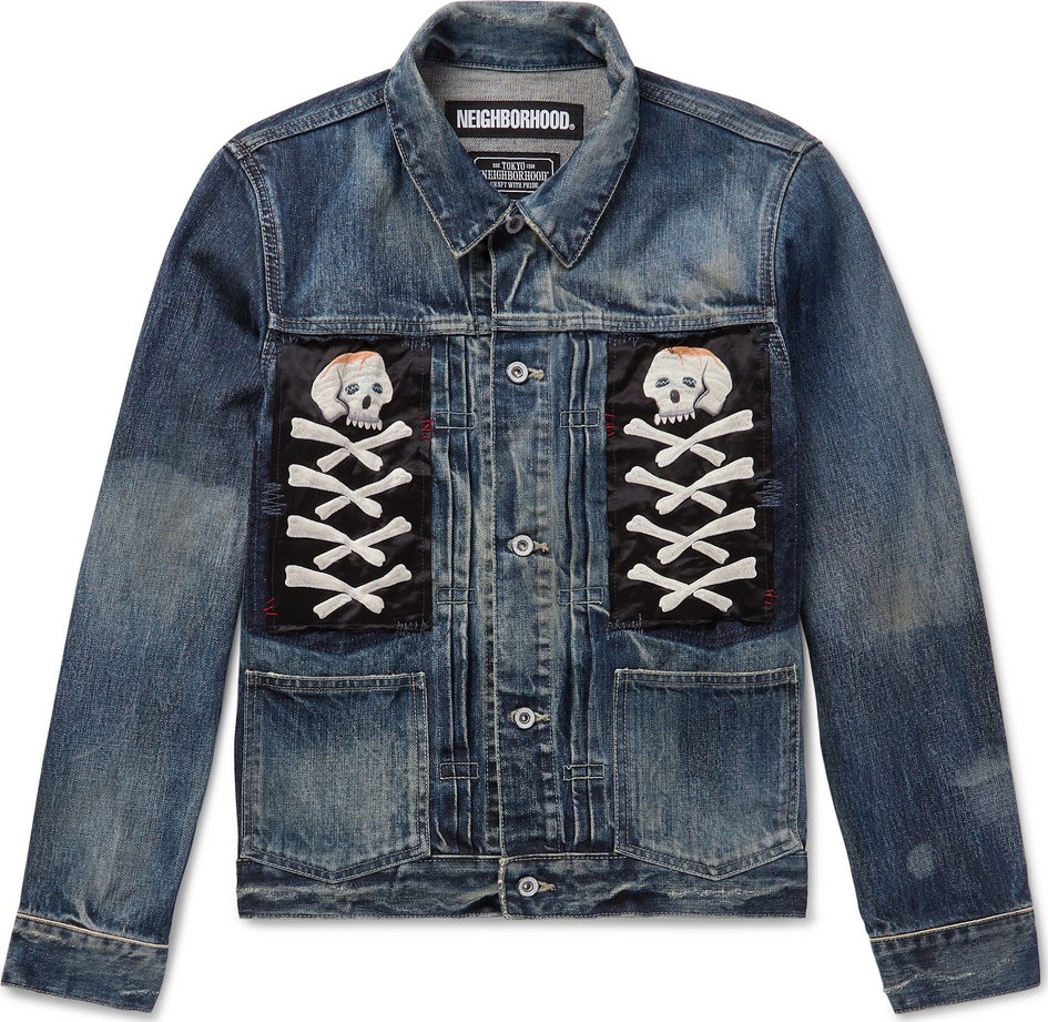 Neighborhood Appliquéd Distressed Denim Jacket