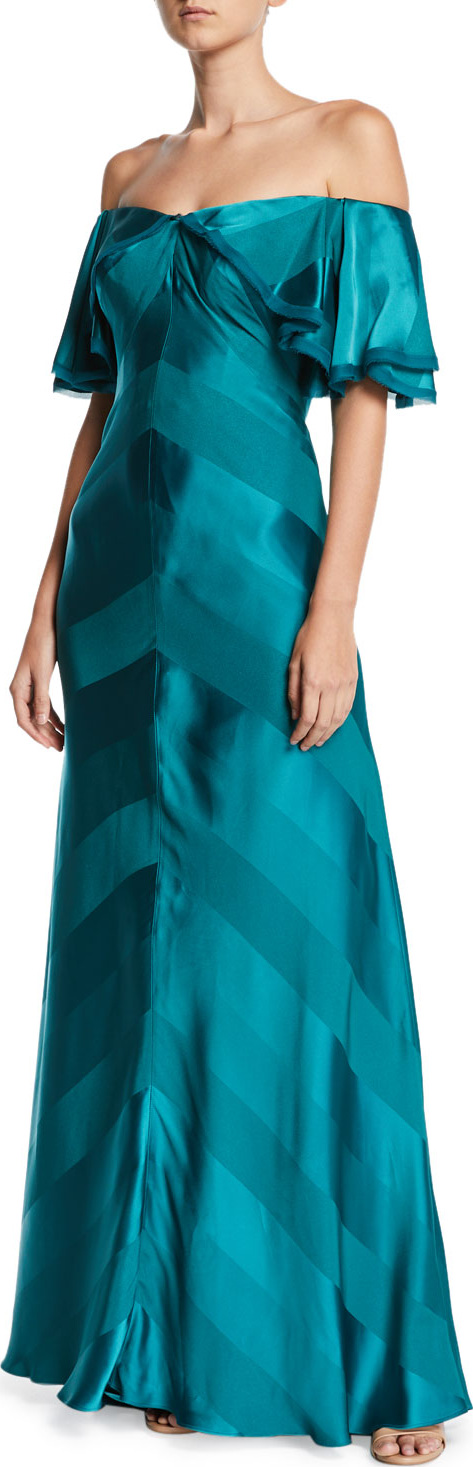 Zac Posen Off-the-Shoulder Draped-Sleeve Tonal-Striped Satin Evening Gown