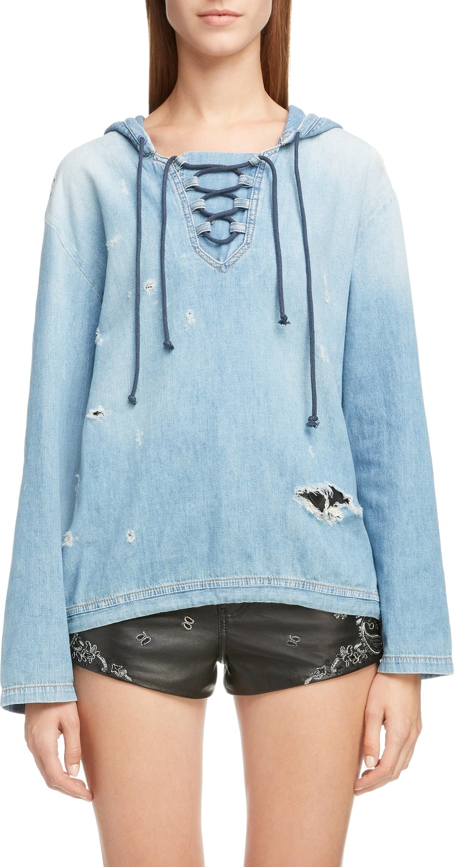 Saint Laurent Lace-Up Distressed Denim Hoodie