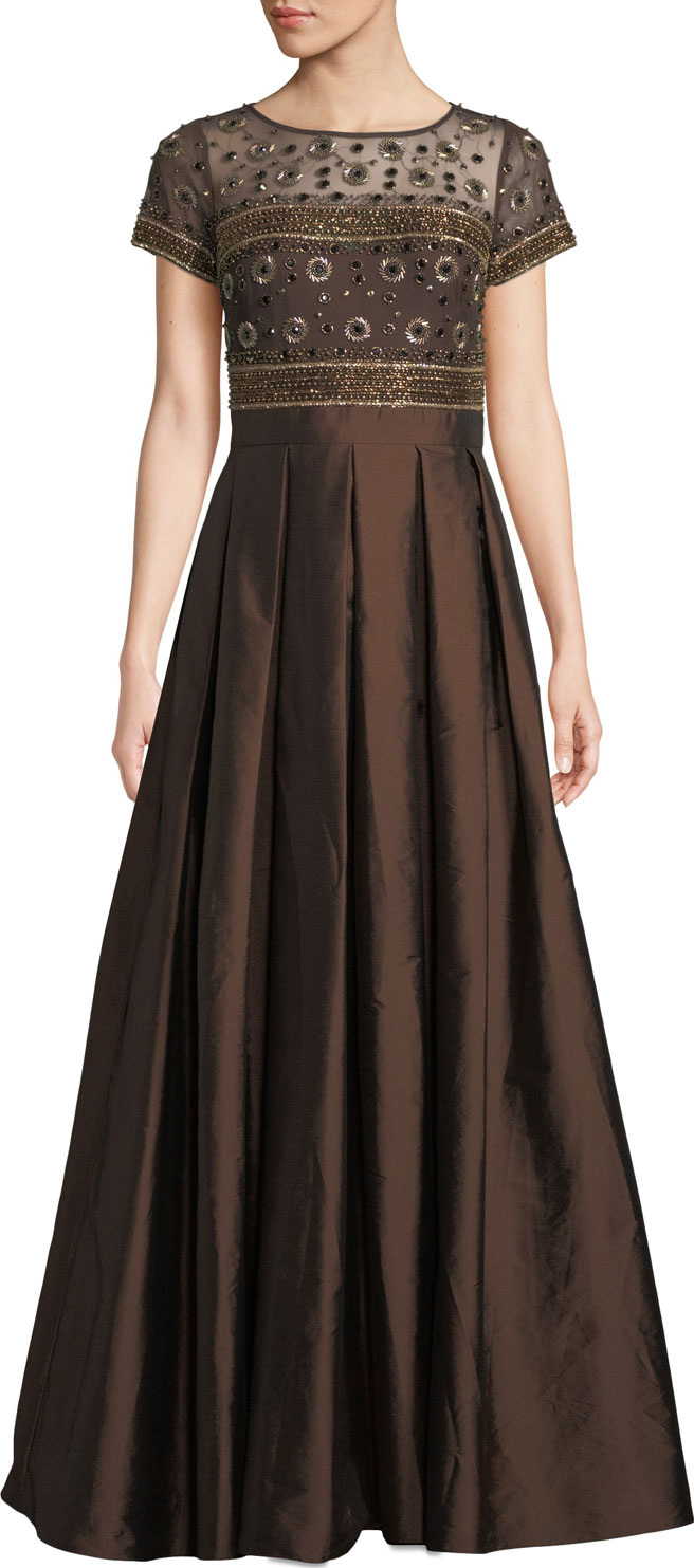 Aidan Mattox Beaded Illusion & Taffeta Ball Gown w/ Pockets