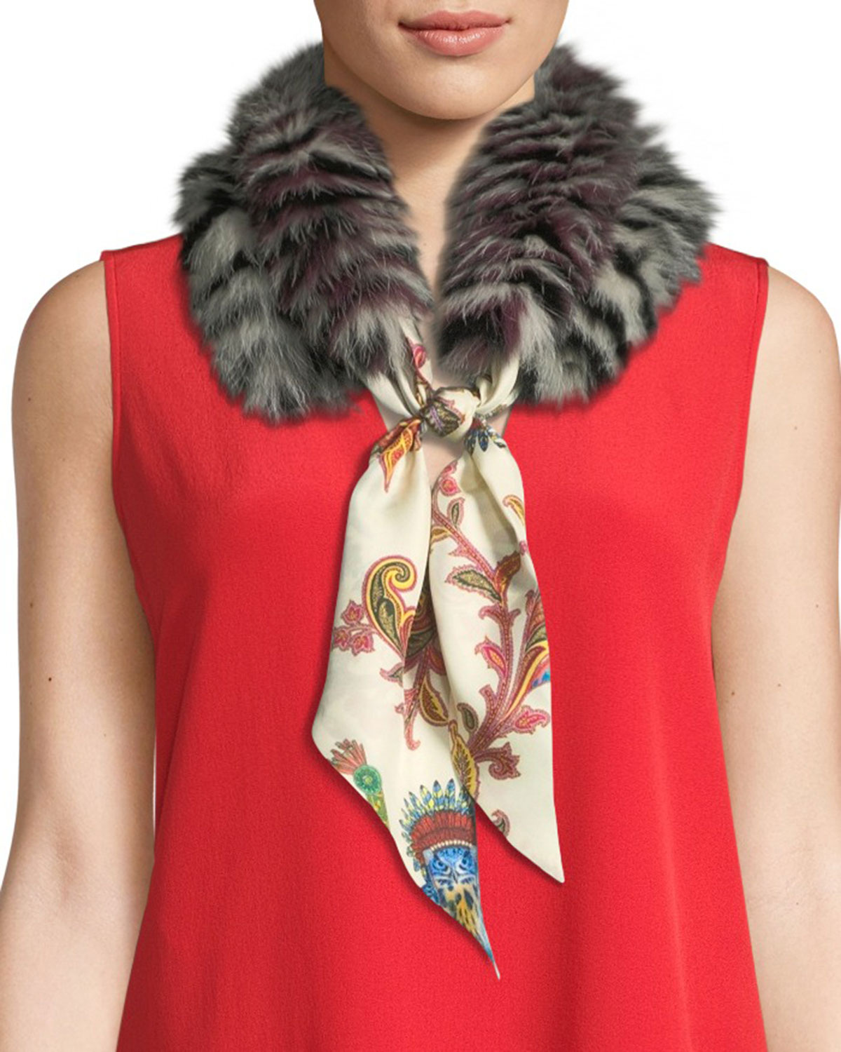 Etro Paisley Silk Scarf w/ Lemur-Print Fur Trim