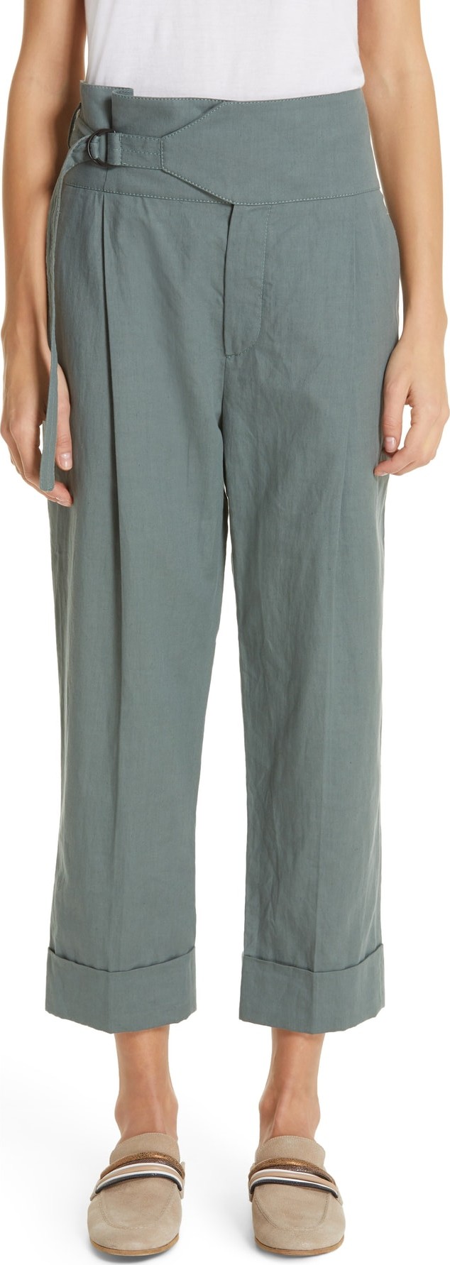 Brunello Cucinelli Belted High Waist Linen & Cotton Pants