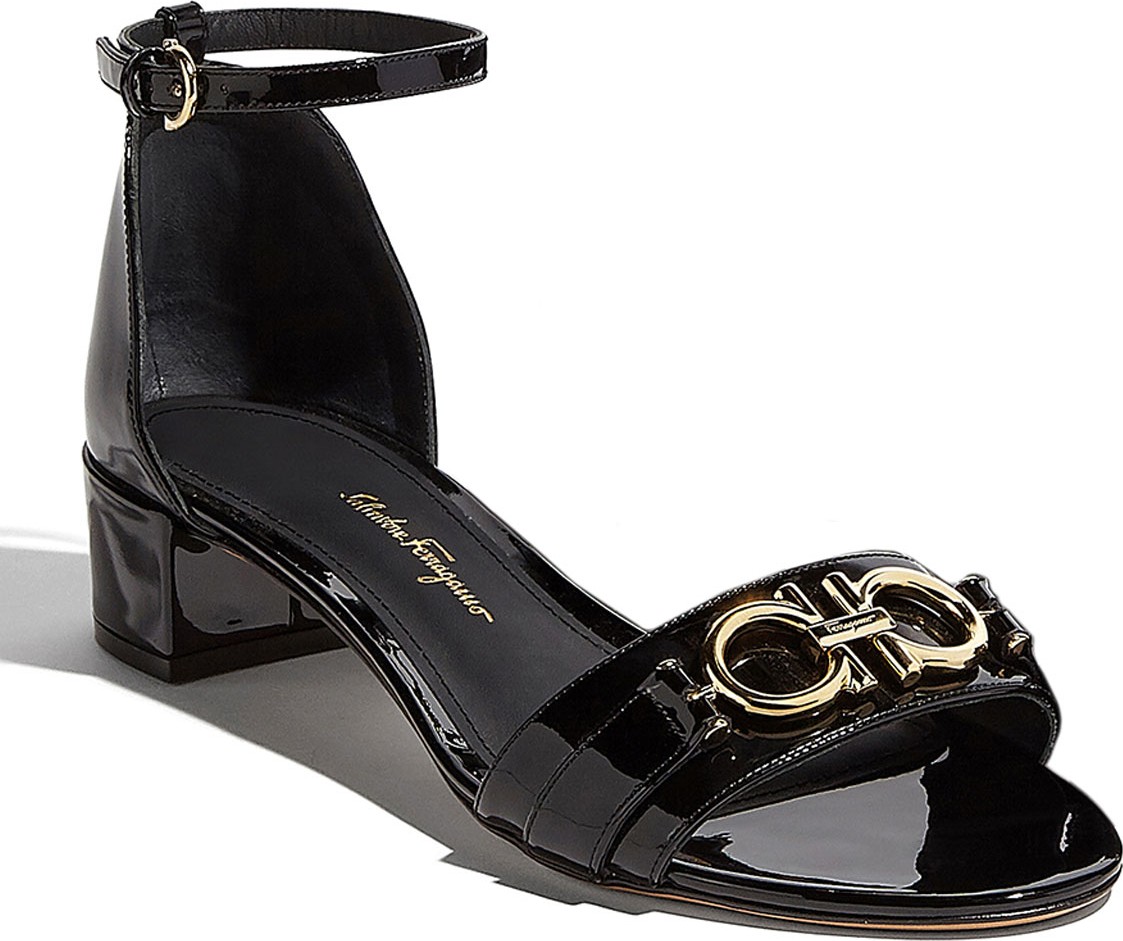 Salvatore Ferragamo Como Gancini Patent City Sandals, Black