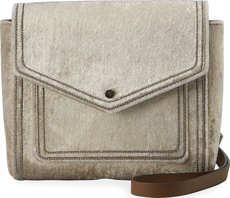 Brunello Cucinelli Velvet City Crossbody Bag with Monili Trim