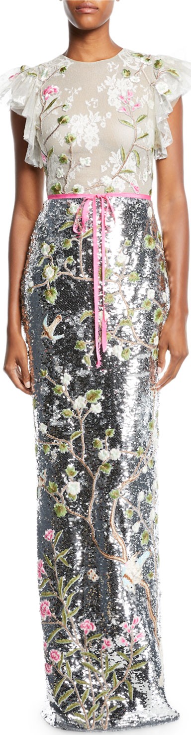 Monique Lhuillier Ruffled Cap-Sleeve Floral-Embroidered Tulle Bodice Sequin Column Gown