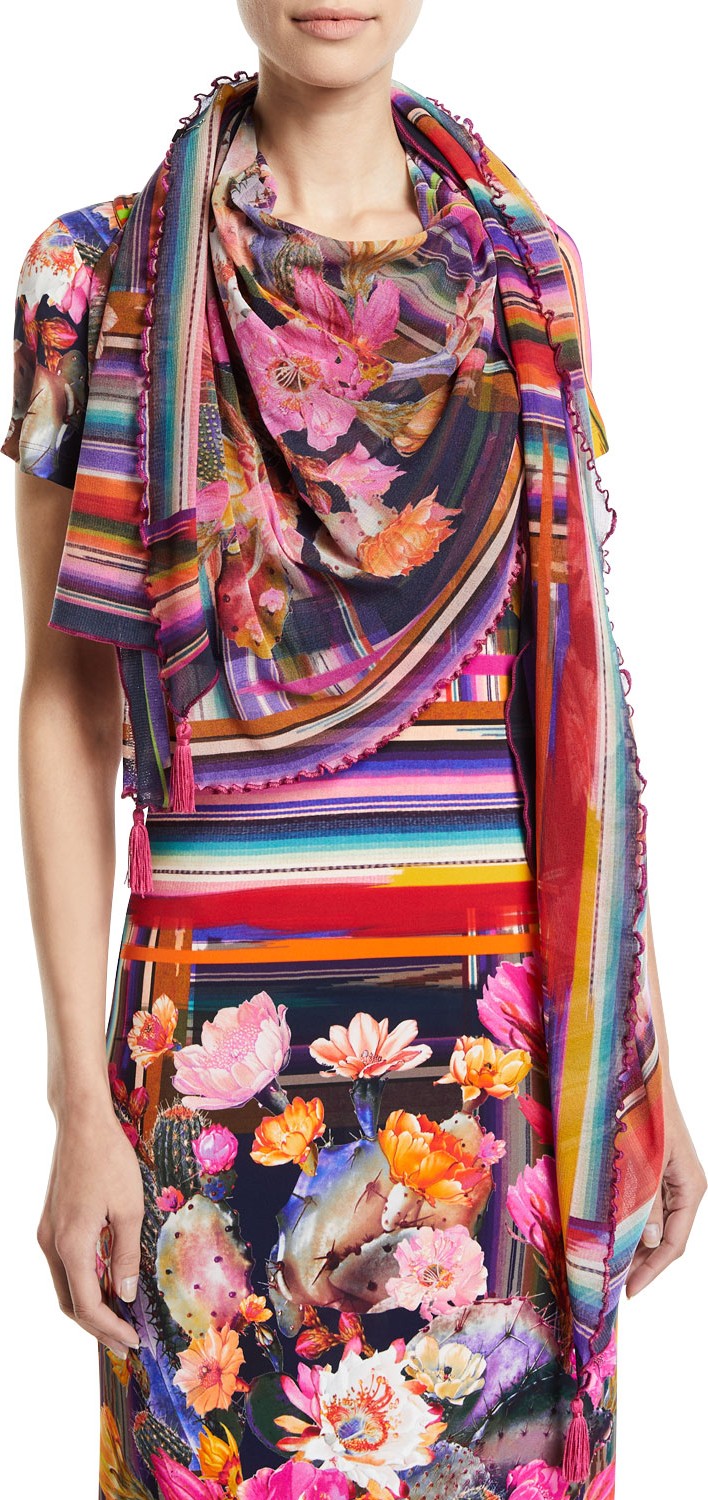 Fuzzi Cactus Rectangle Scarf with Fringe-Tassels