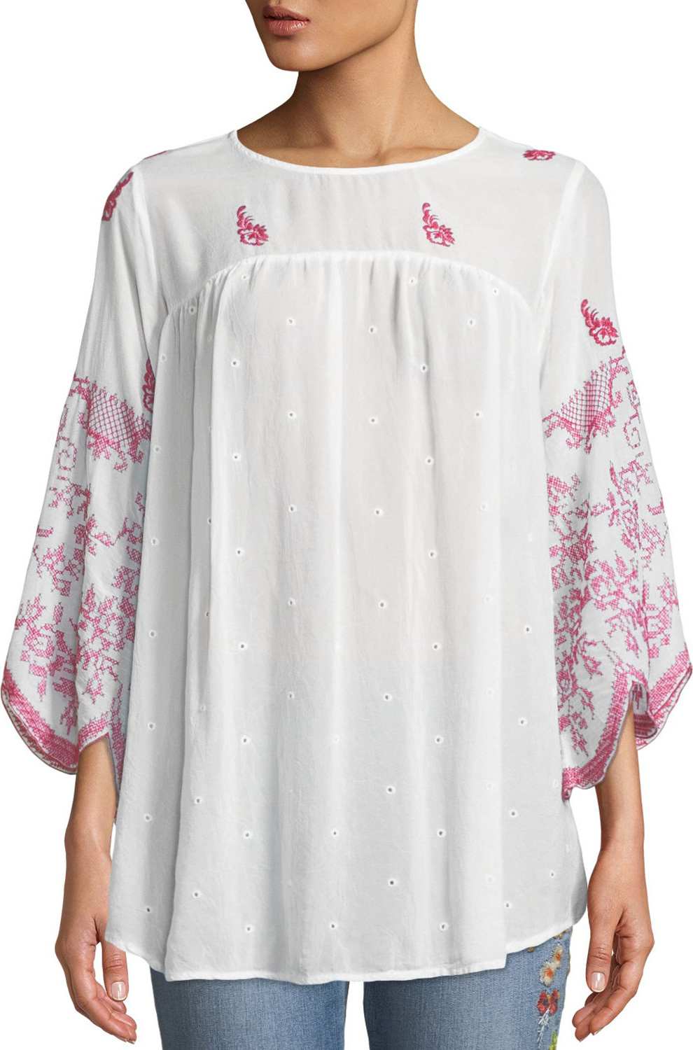 Johnny Was Rose-Stitch Georgette Blouse with Drama Sleeves