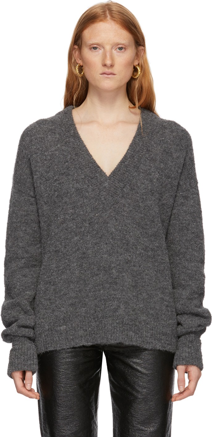 Tibi Grey Alpaca Airy V-Neck Sweater