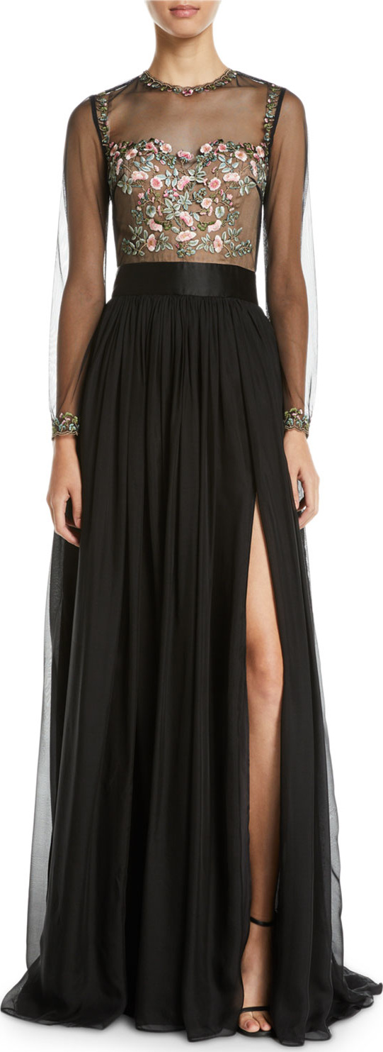 Catherine Deane Leslie Embellished & Sheer Long-Sleeve Gown