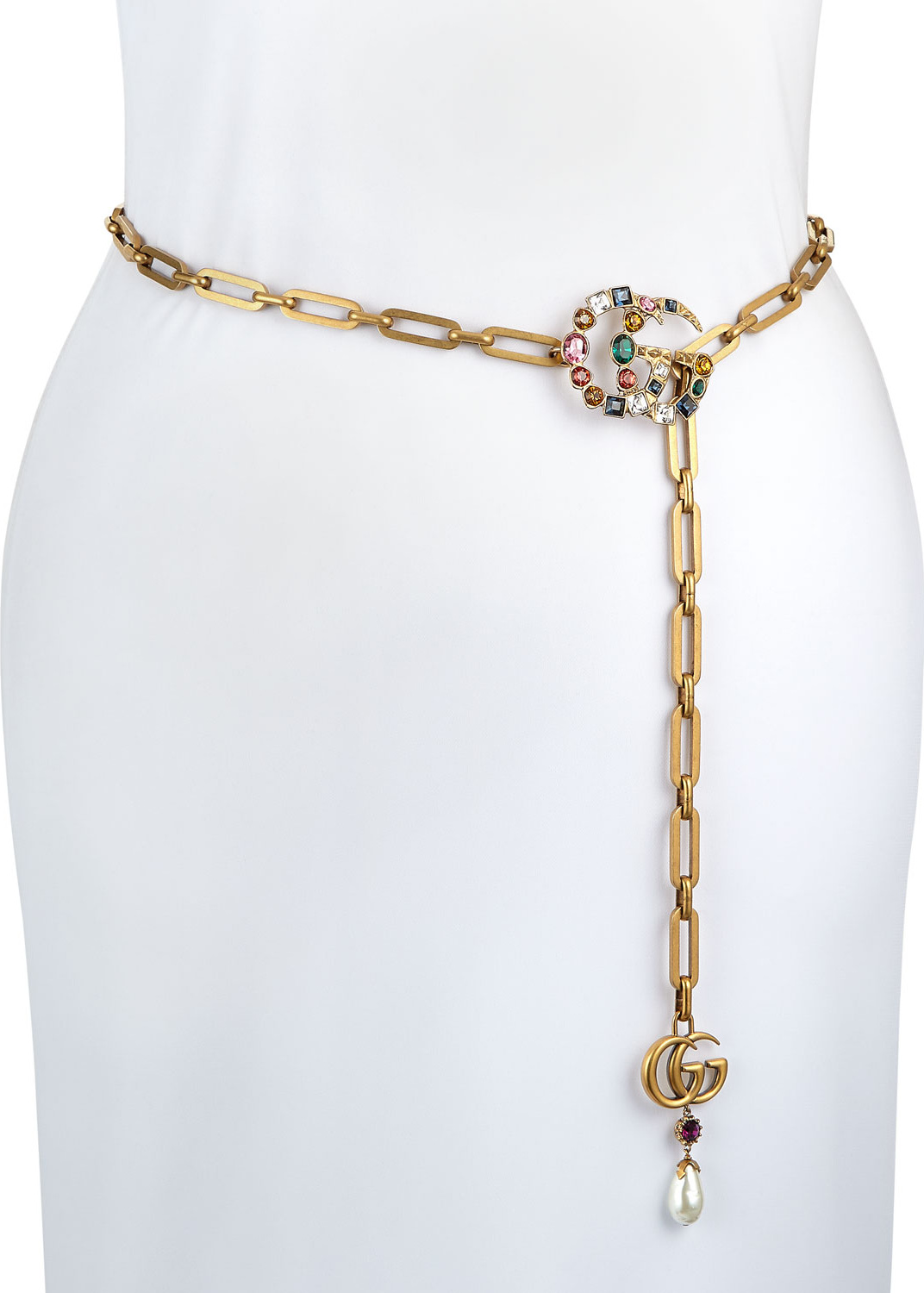 Gucci Crystal-Embellished Double-G Chain Belt