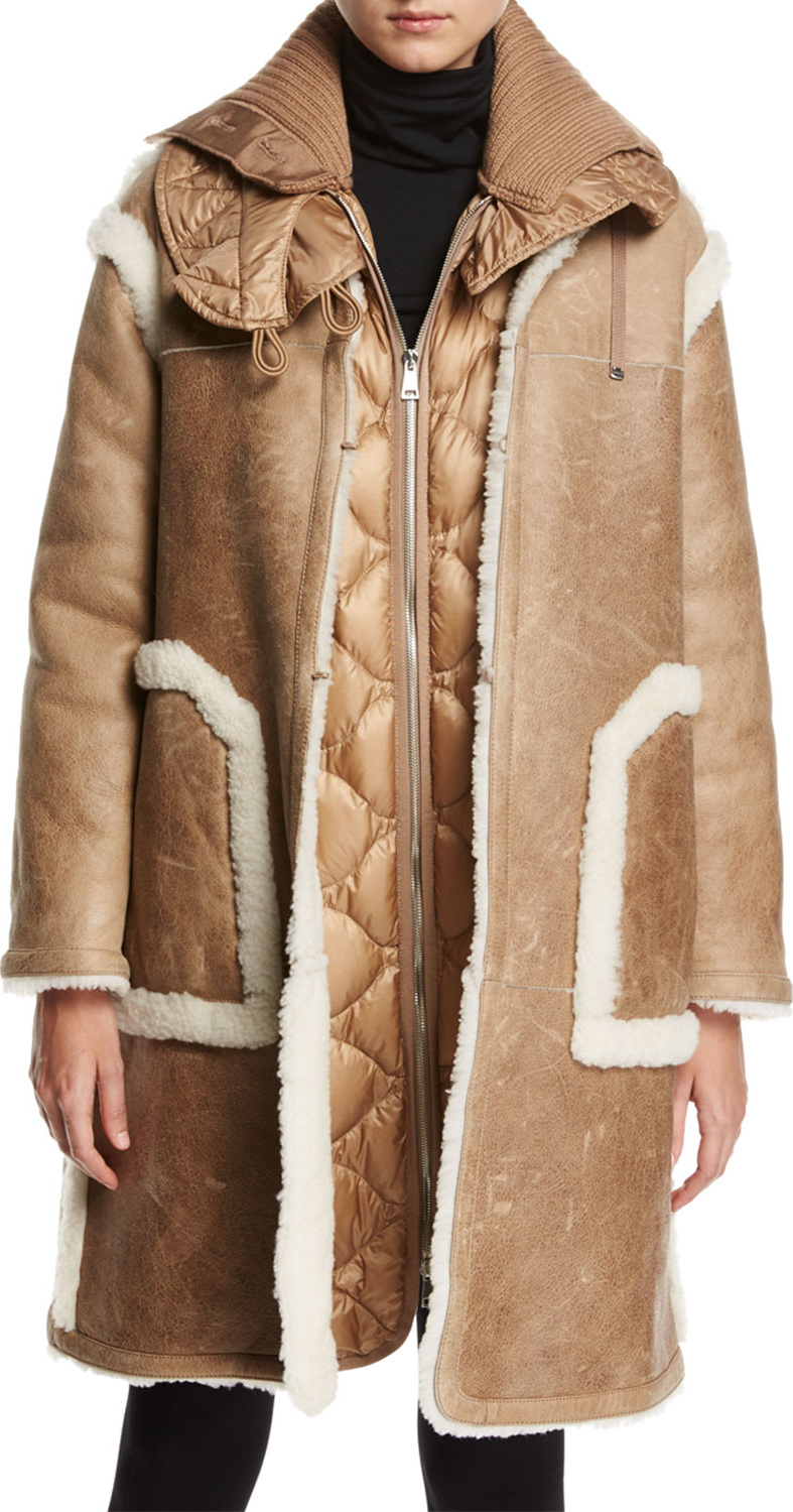 Moncler Cotoneaster Leather Shearling-Trim Jacket w/ Quilted Puffer Vest