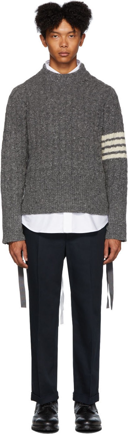 Thom Browne Grey Aran Cable 4-Bar Sweater