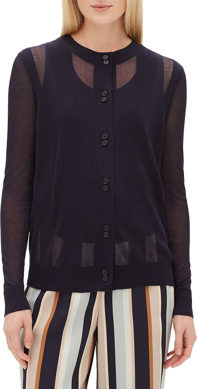 Lafayette 148 New York Crewneck Long-Sleeve Sheer Striped Voile Cardigan