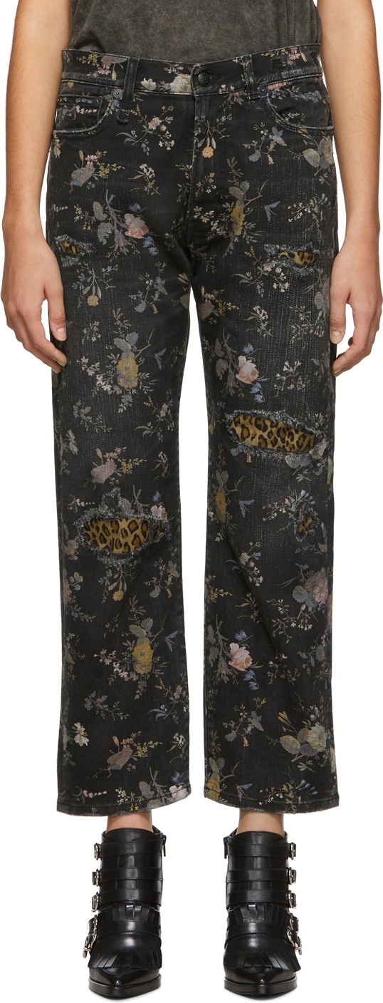 R13 Black & Multicolor Denim Floral Boyfriend Jeans
