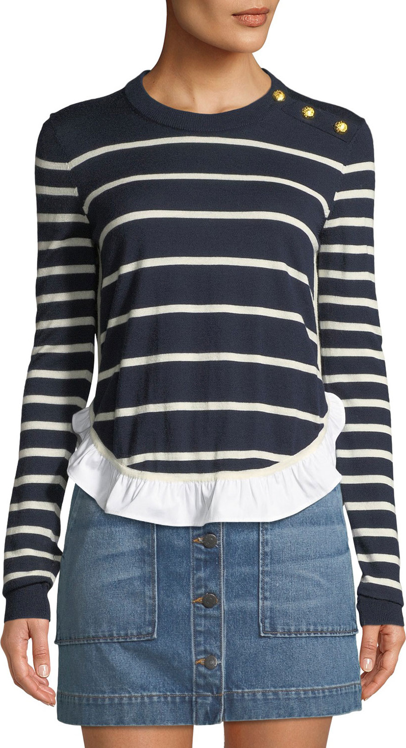 Veronica Beard Ollie Striped Wool Flounce Sweater