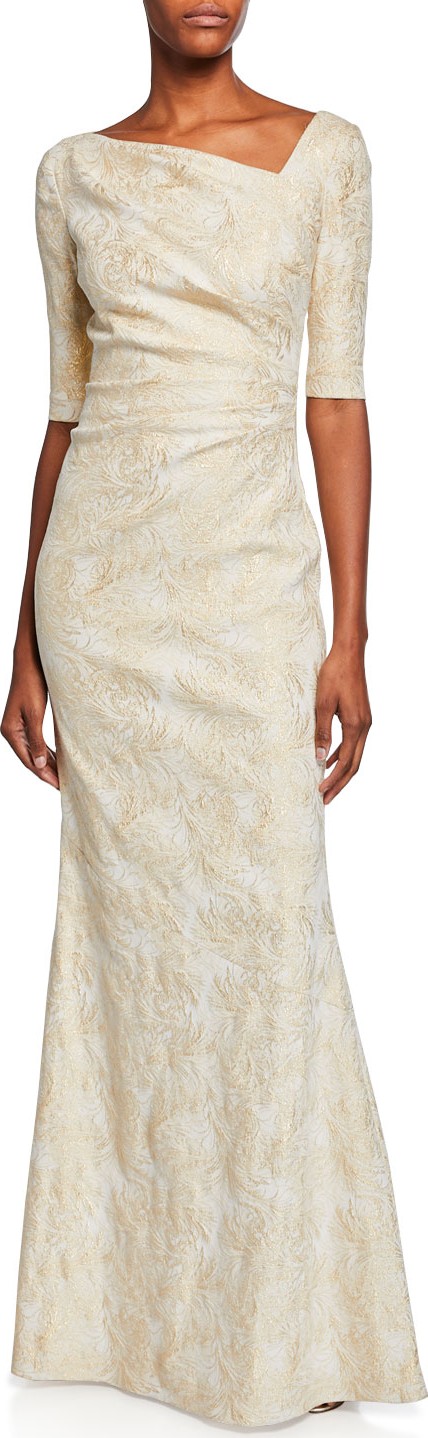 Rickie Freeman for Teri Jon Draped Jacquard Half-Sleeve Gown