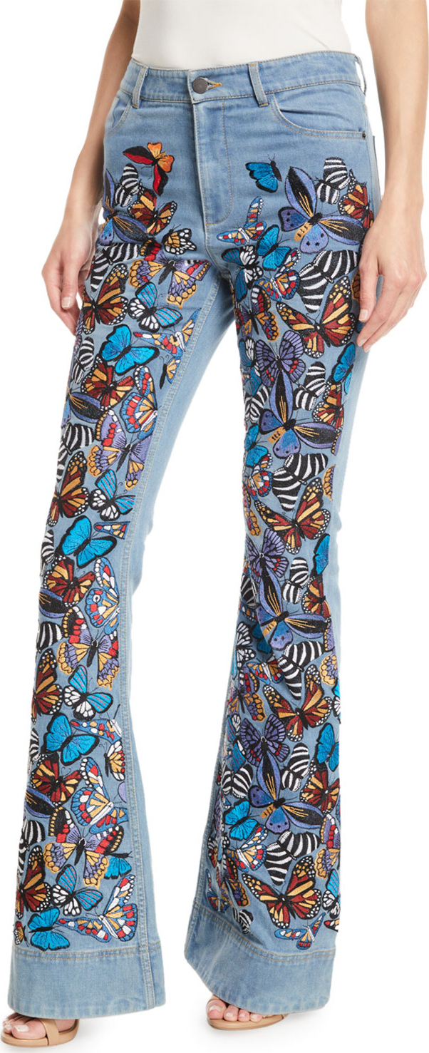 Alice + Olivia Beautiful Embroidered High-Rise Bell-Bottom Jeans