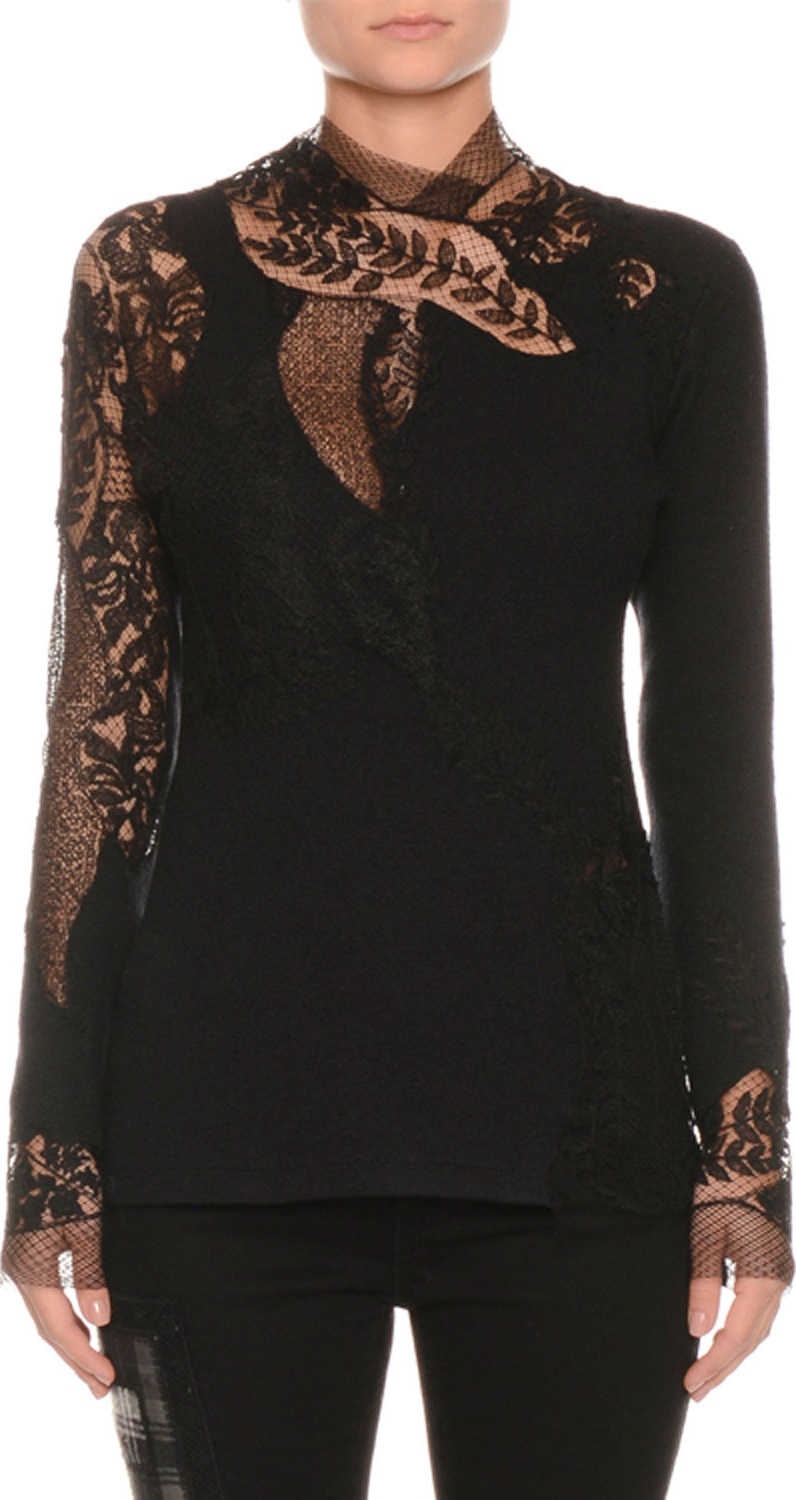 Ermanno Scervino Long-Sleeve Floral-Lace Pashmina Top