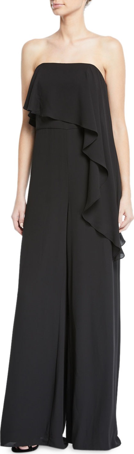 HALSTON HERITAGE Strapless Flounce-Overlay Jumpsuit
