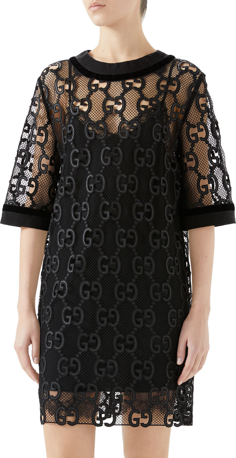 Gucci Elbow-Sleeve GG Leather Macrame Netted Lace Boxy Dress Gucci Elbow-Sleeve GG Leather Macrame Netted Lace Boxy Dress