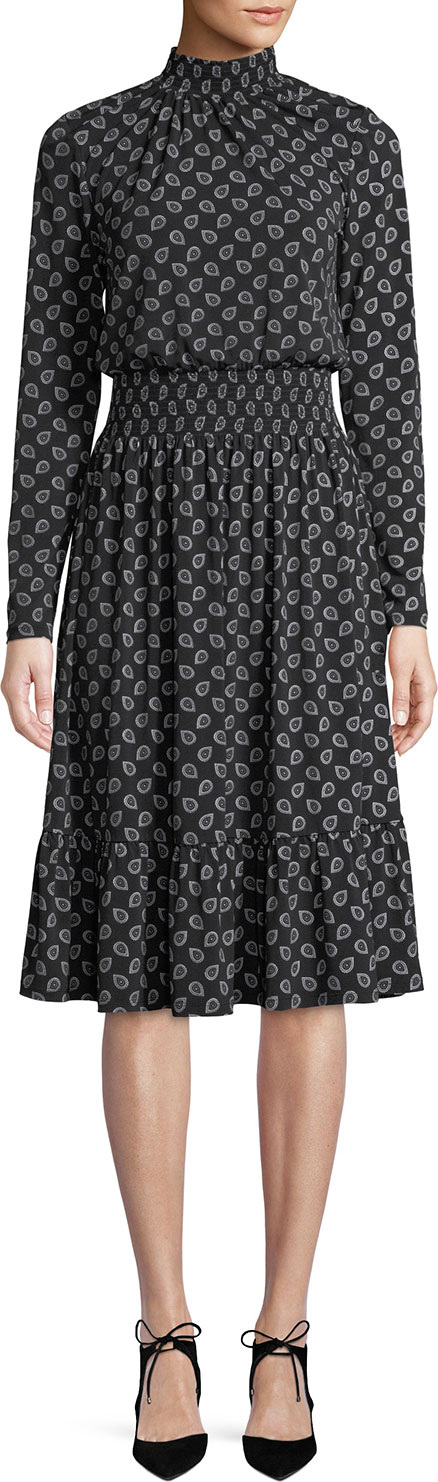 MICHAEL MICHAEL KORS Smocked Neck & Waist Long-Sleeve Foulard-Print Dress MICHAEL MICHAEL KORS Smocked Neck & Waist Long-Sleeve Foulard-Print Dress