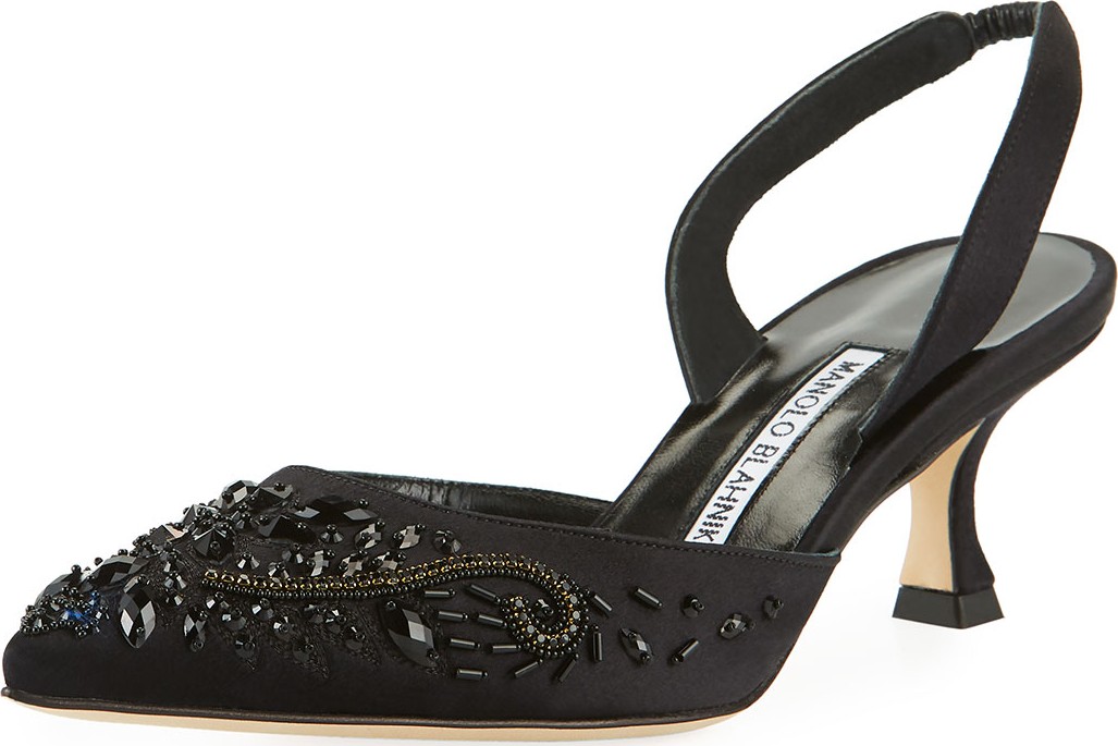 Manolo Blahnik Carolyne Embroidered Satin Low-Heel Halter Pumps