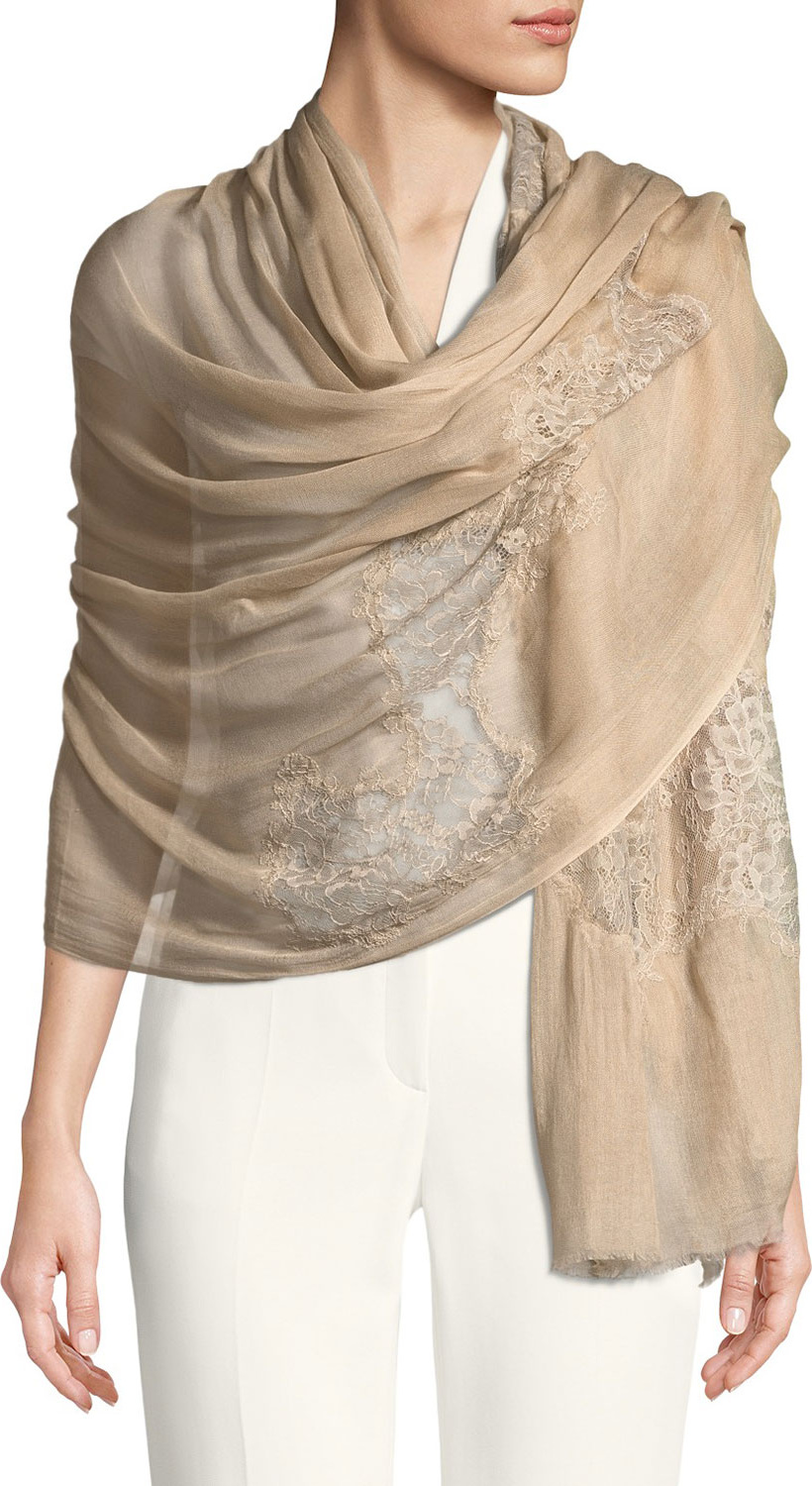 Bindya Opposite Attraction Lace-Trim Stole, Beige