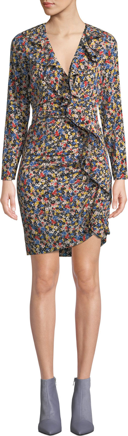Veronica Beard Minna Micro-Floral Ruffle Long-Sleeve Short Dress