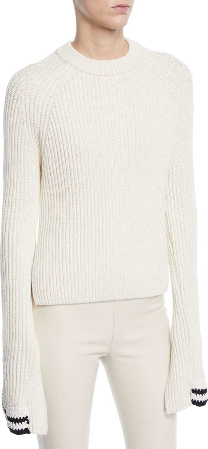 Helmut Lang Ribbed Knit Side Split Sweater w/ Crochet Cuffs