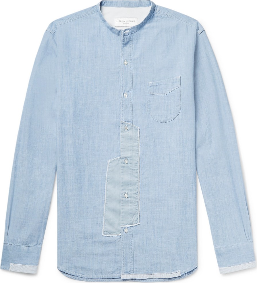 Officine Générale Slim-Fit Grandad-Collar Patchwork Cotton-Chambray Shirt