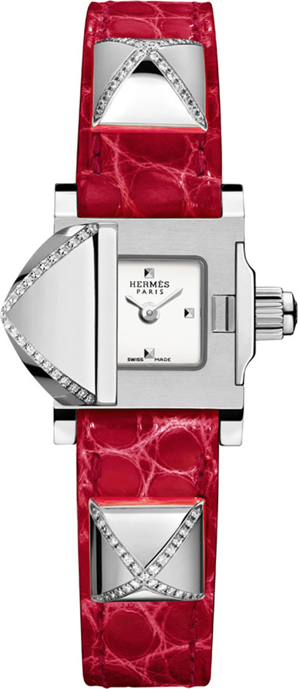 HERMÈS Medor Mini Watch with Diamonds & Red Alligator Strap