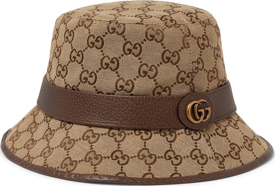 Gucci Leather-Trimmed Monogrammed Canvas Bucket Hat