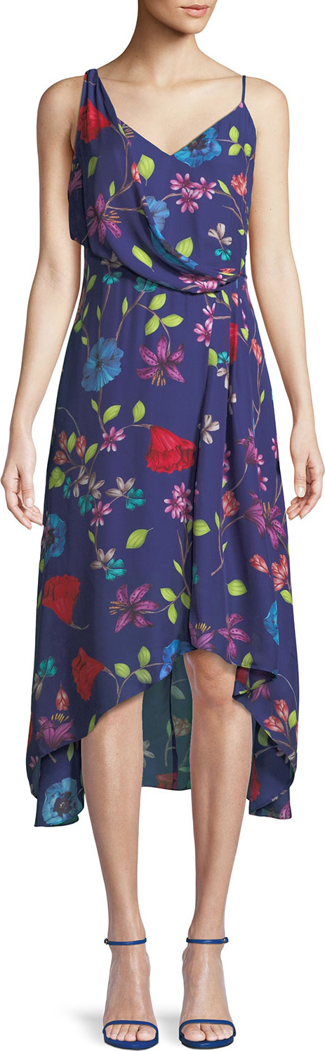 Parker Pippy Draped Floral Silk Midi Dress